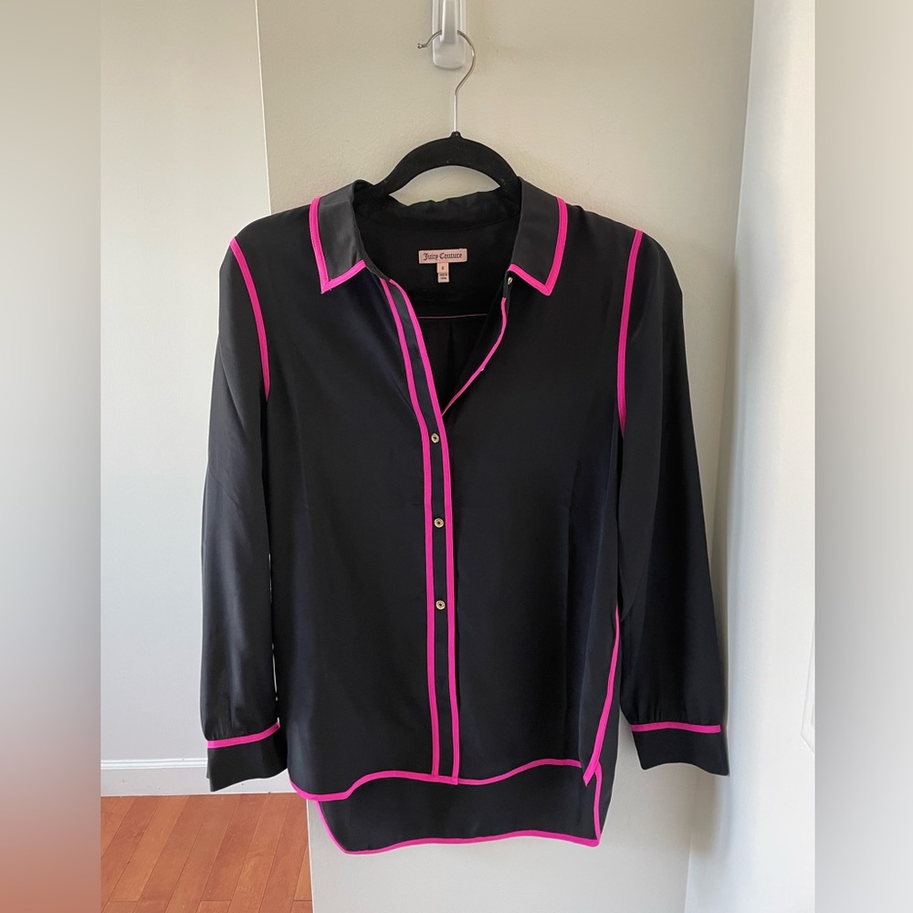 Juicy Couture Silk Button-down Shirt in Black with Pink Trim, Size S